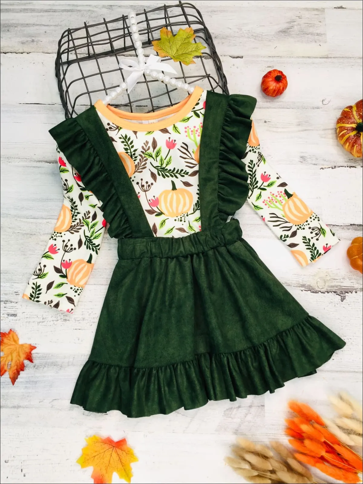 Girls Pumpkin Sleeve Top and Ruffled Overall Dress Set