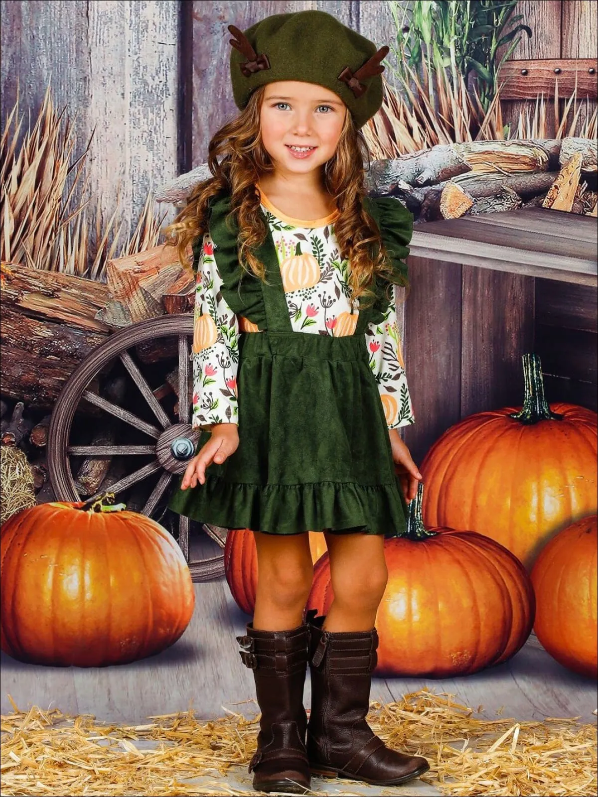 Girls Pumpkin Sleeve Top and Ruffled Overall Dress Set