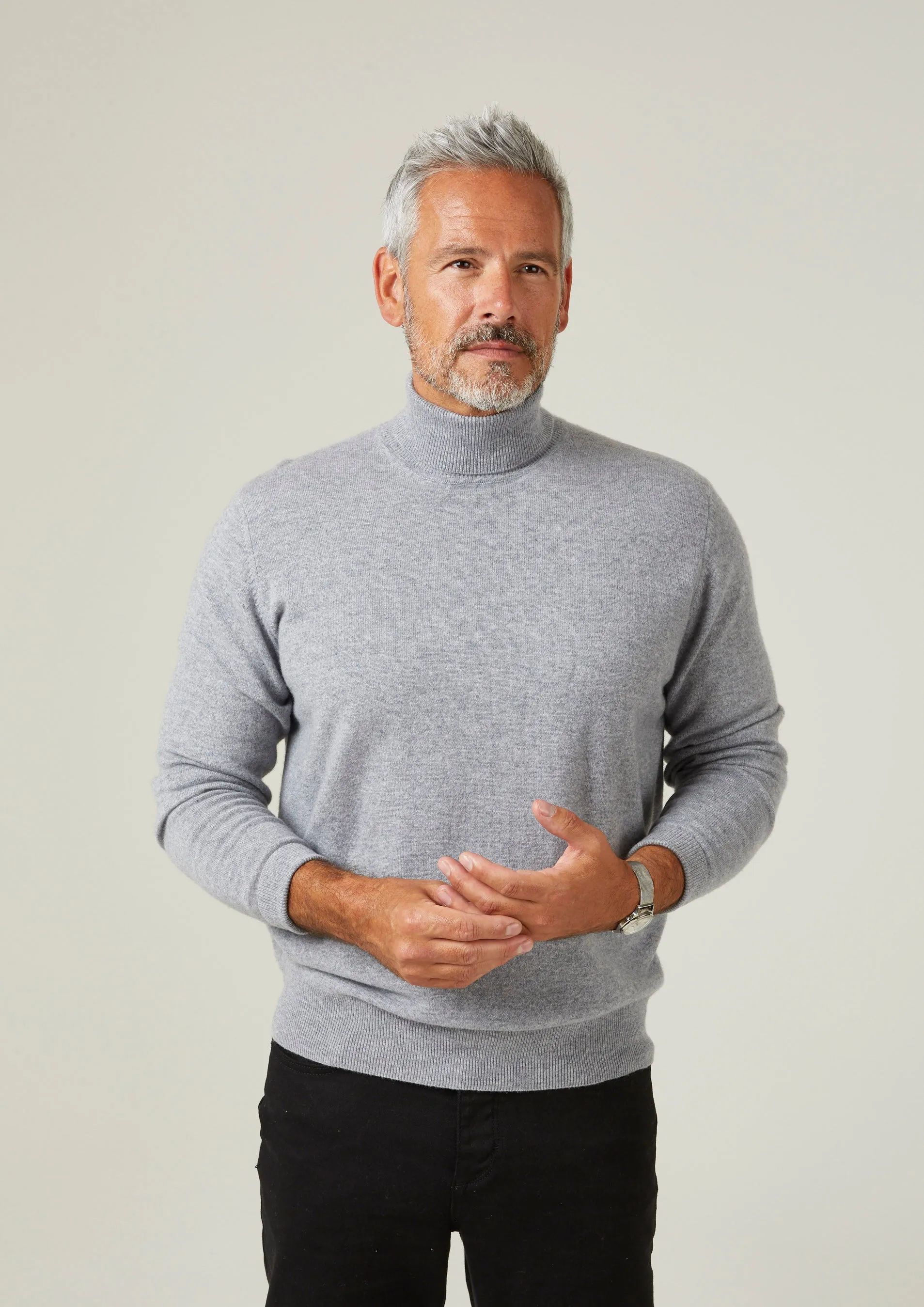 Glenure Men's Cashmere Roll Neck Jumper in Light Grey Mix - Regular Fit