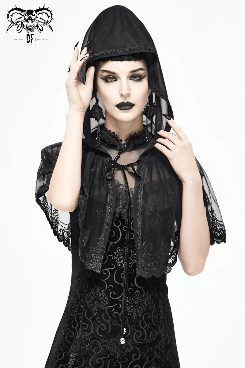 Gothic Floral Lace Cape with Hooded / Women's Black Short Cape with Velvet Ribbon