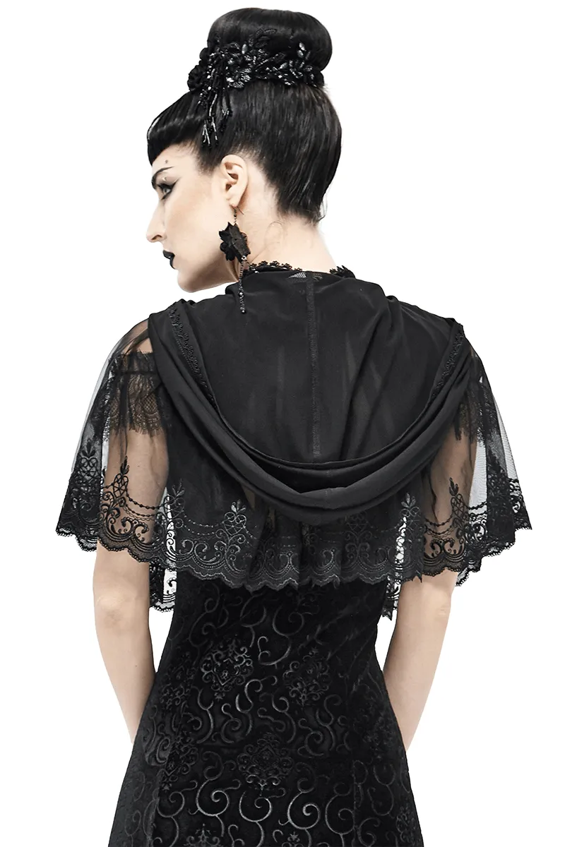 Gothic Floral Lace Cape with Hooded / Women's Black Short Cape with Velvet Ribbon