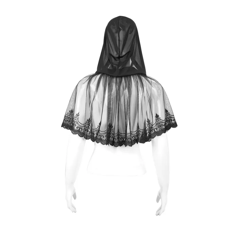 Gothic Floral Lace Cape with Hooded / Women's Black Short Cape with Velvet Ribbon