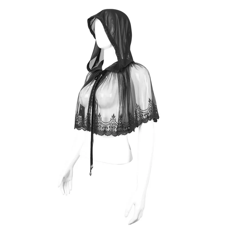 Gothic Floral Lace Cape with Hooded / Women's Black Short Cape with Velvet Ribbon