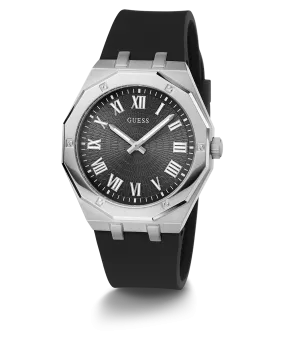 GUESS Mens Black Silver Tone Analog Watch