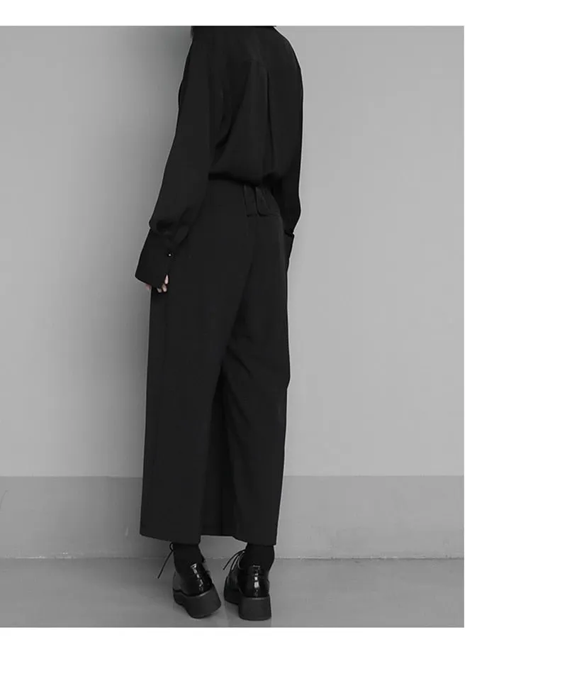 High Elastic Waist Black Loose Fit Long Trousers