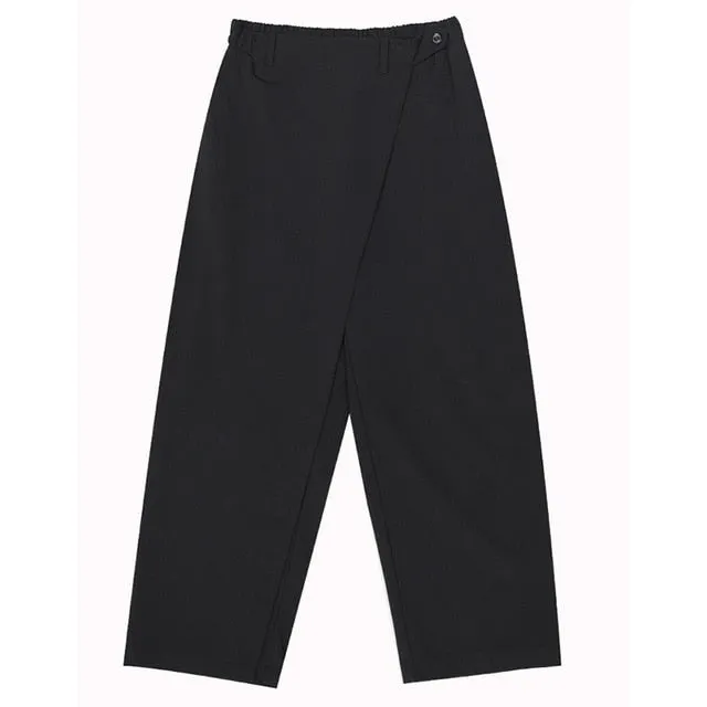 High Elastic Waist Black Loose Fit Long Trousers