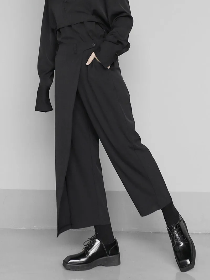 High Elastic Waist Black Loose Fit Long Trousers