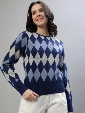 Iconic Women Blue Printed Round Neck Full Sleeves Sweater