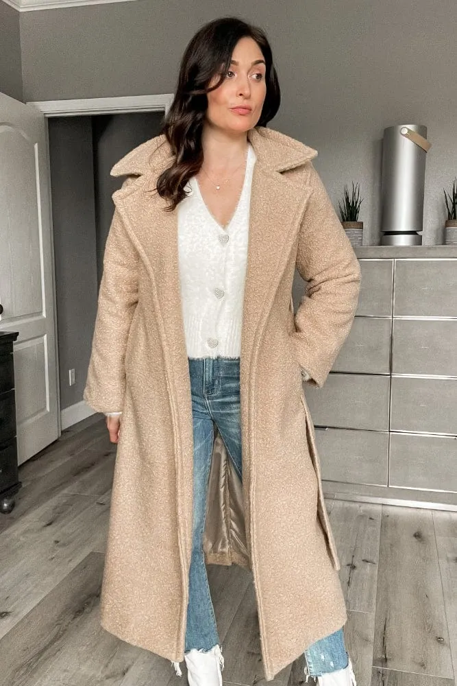 Italian Bouclé Long Line Teddy Coat in Beige