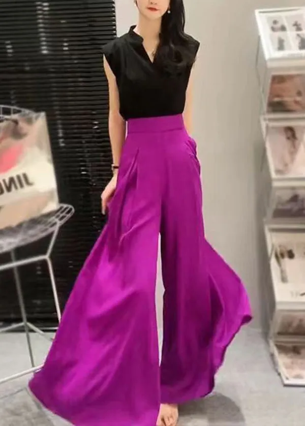 Italian Purple Pockets High Waist Chiffon Wide Leg Pants Summer QQ1044