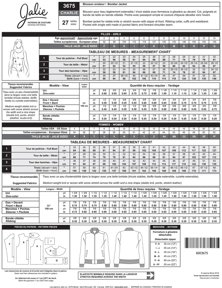 Jalie Pattern 3675 - CHARLIE Bomber Jacket