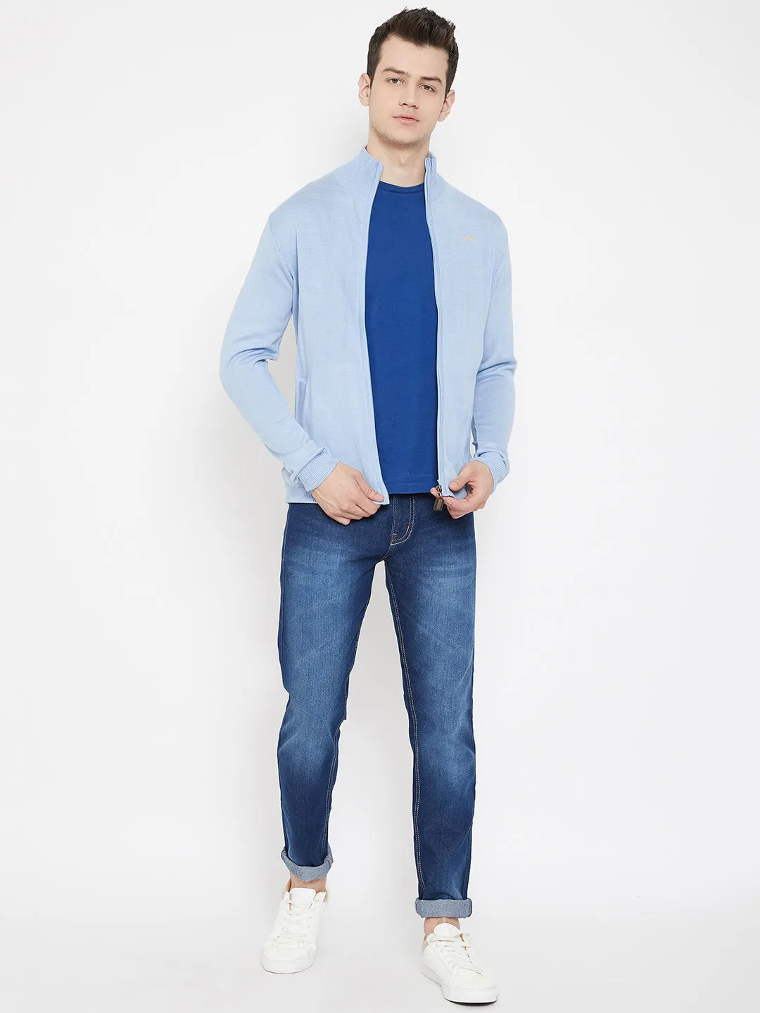 JUMP USA Men Blue Solid Round Neck Casual Front-Open Sweaters