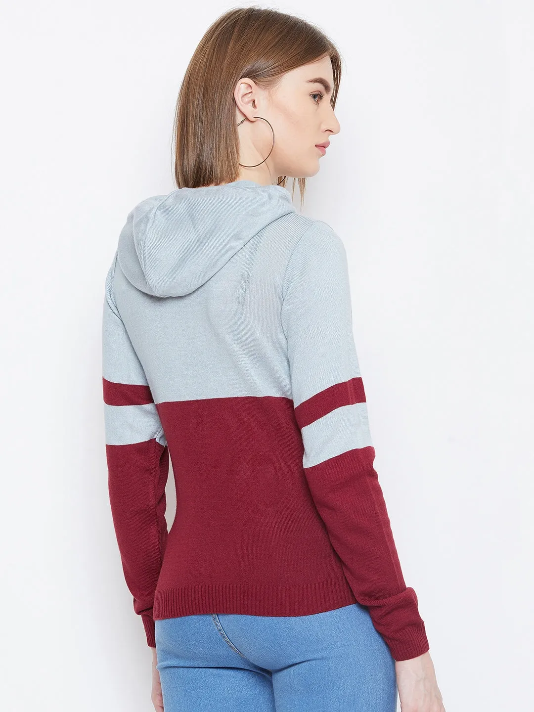 JUMP USA Women Blue & Red Colourblocked Hooded Sweater