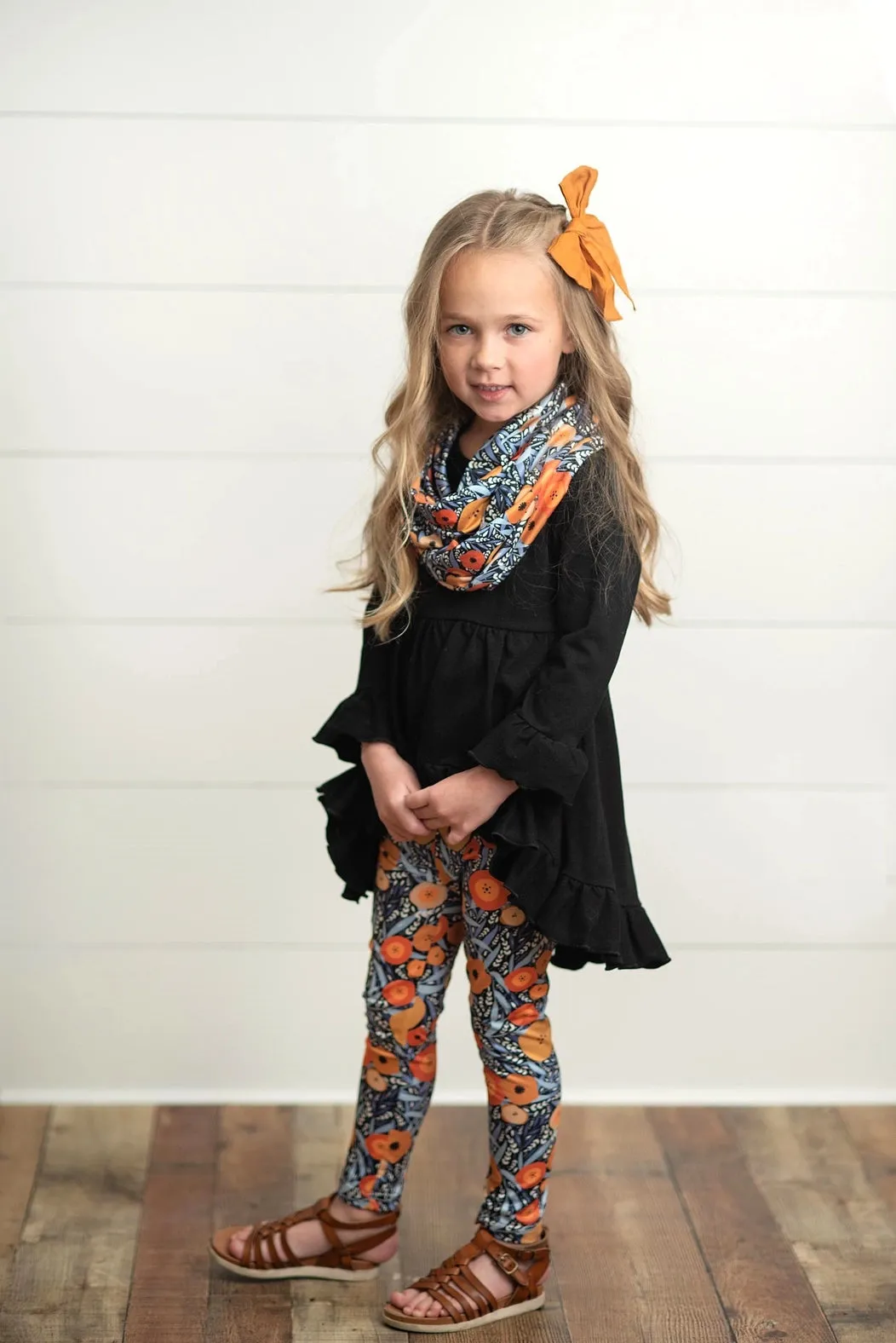 Kids Hi-Lo Black & Floral Print 3 Piece Scarf Fall Set