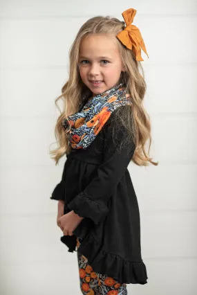 Kids Hi-Lo Black & Floral Print 3 Piece Scarf Fall Set