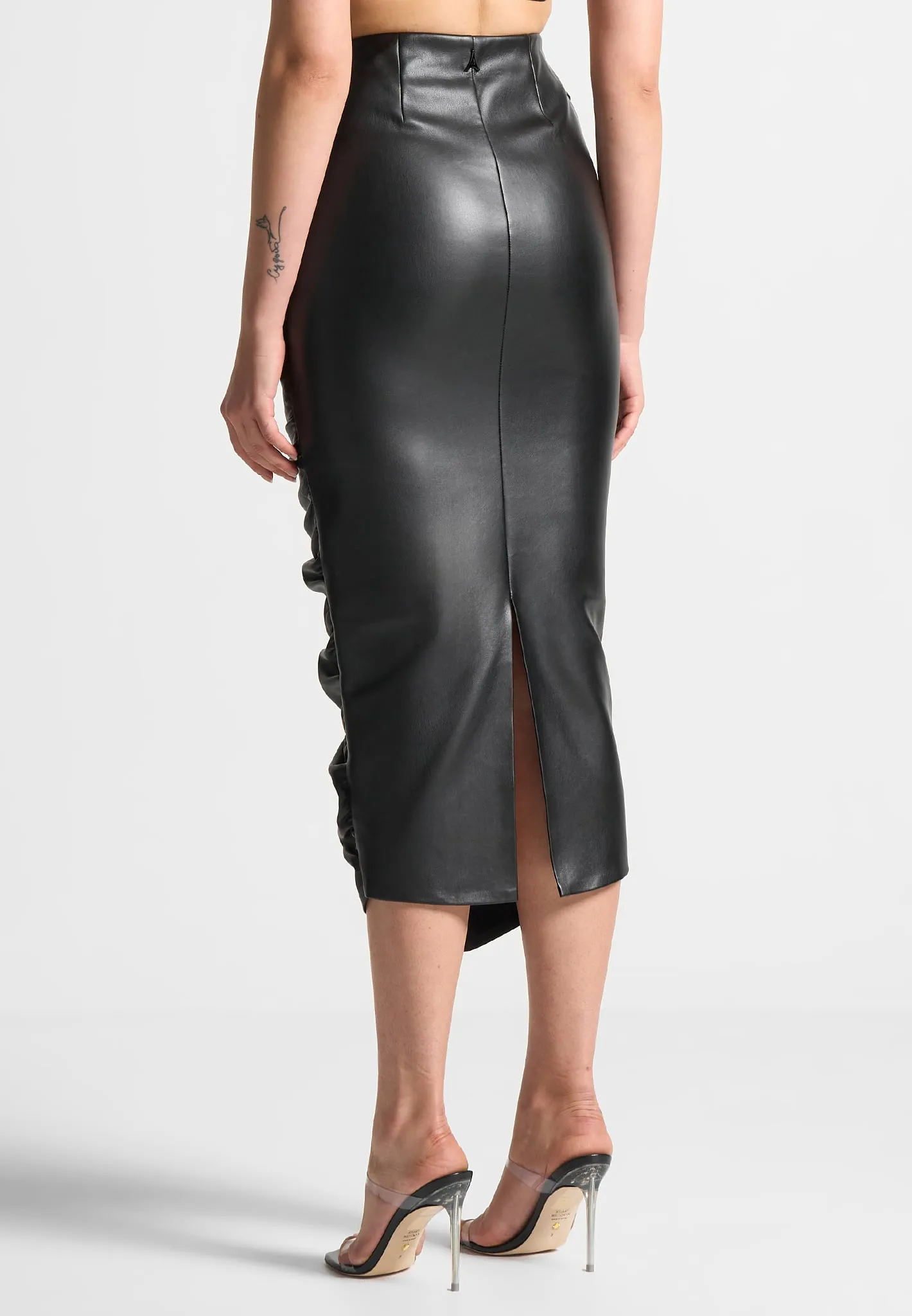 Leather Ruched Midaxi Skirt - Black