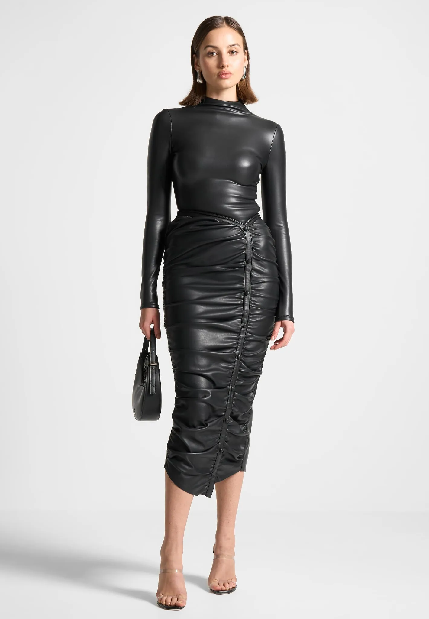 Leather Ruched Midaxi Skirt - Black