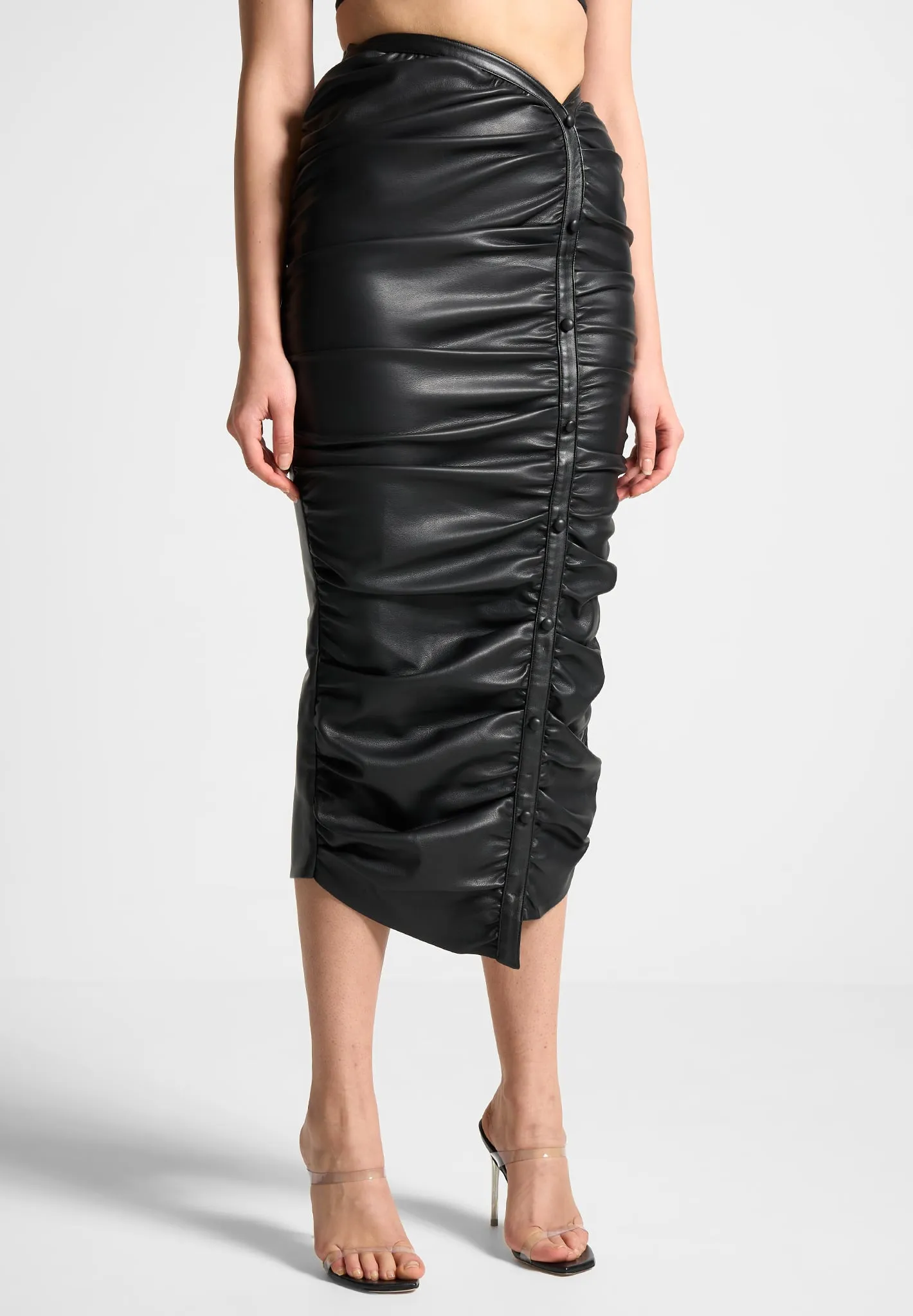 Leather Ruched Midaxi Skirt - Black