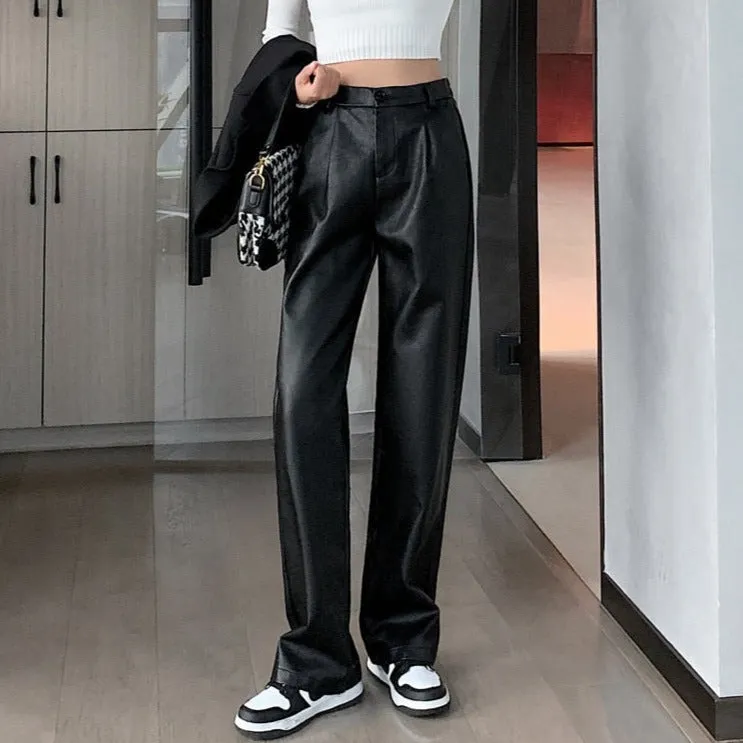 Loose PU Leather Pants Ladies High Waist Straight Faux Leather Trousers