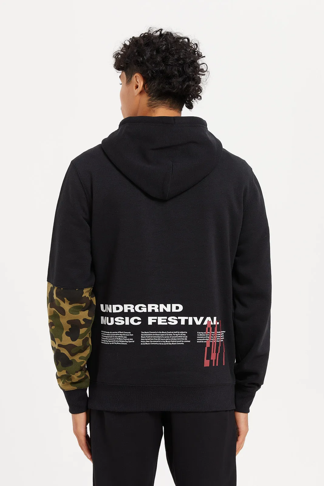 Men Black Camo Cut & Sew Hoodie