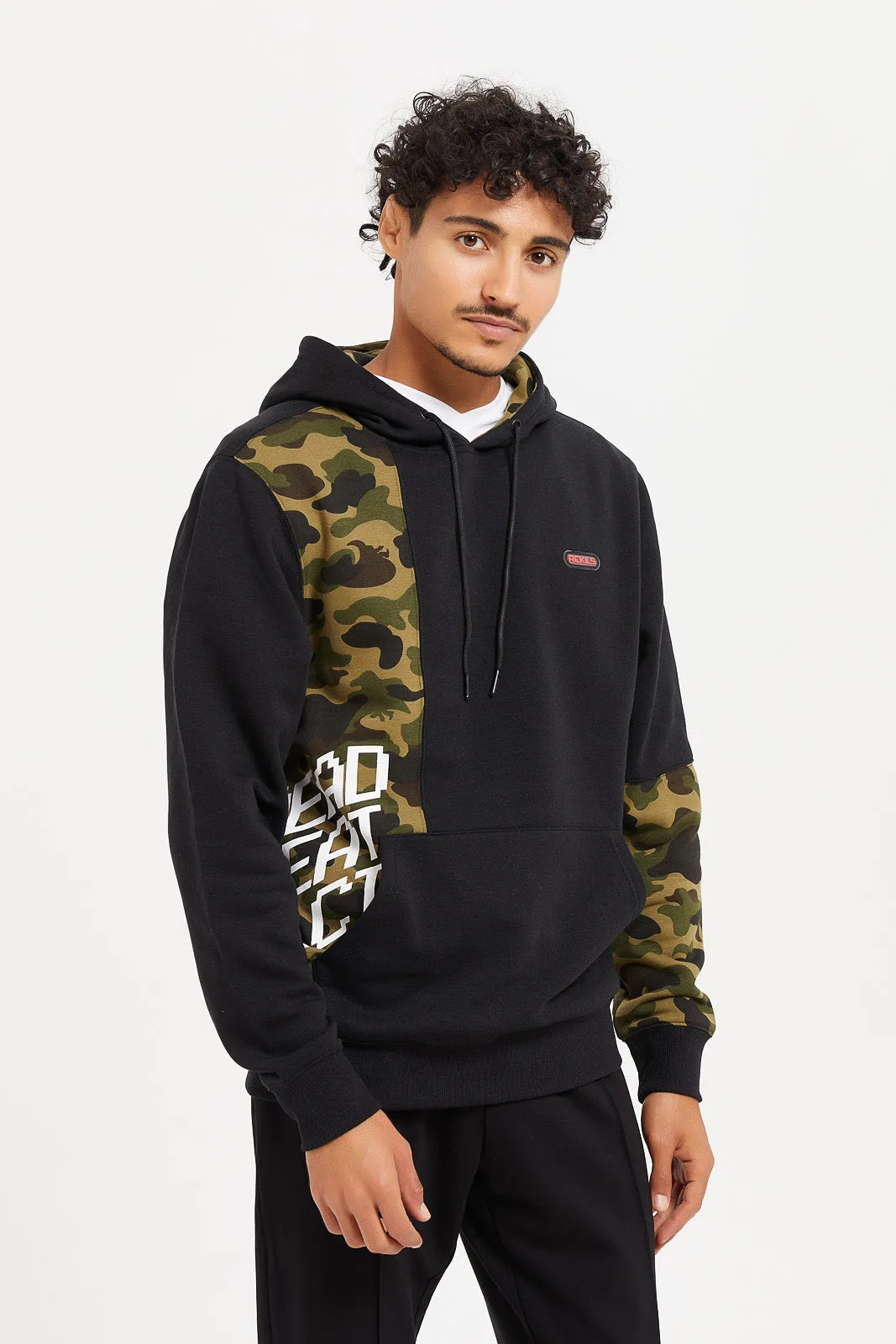 Men Black Camo Cut & Sew Hoodie