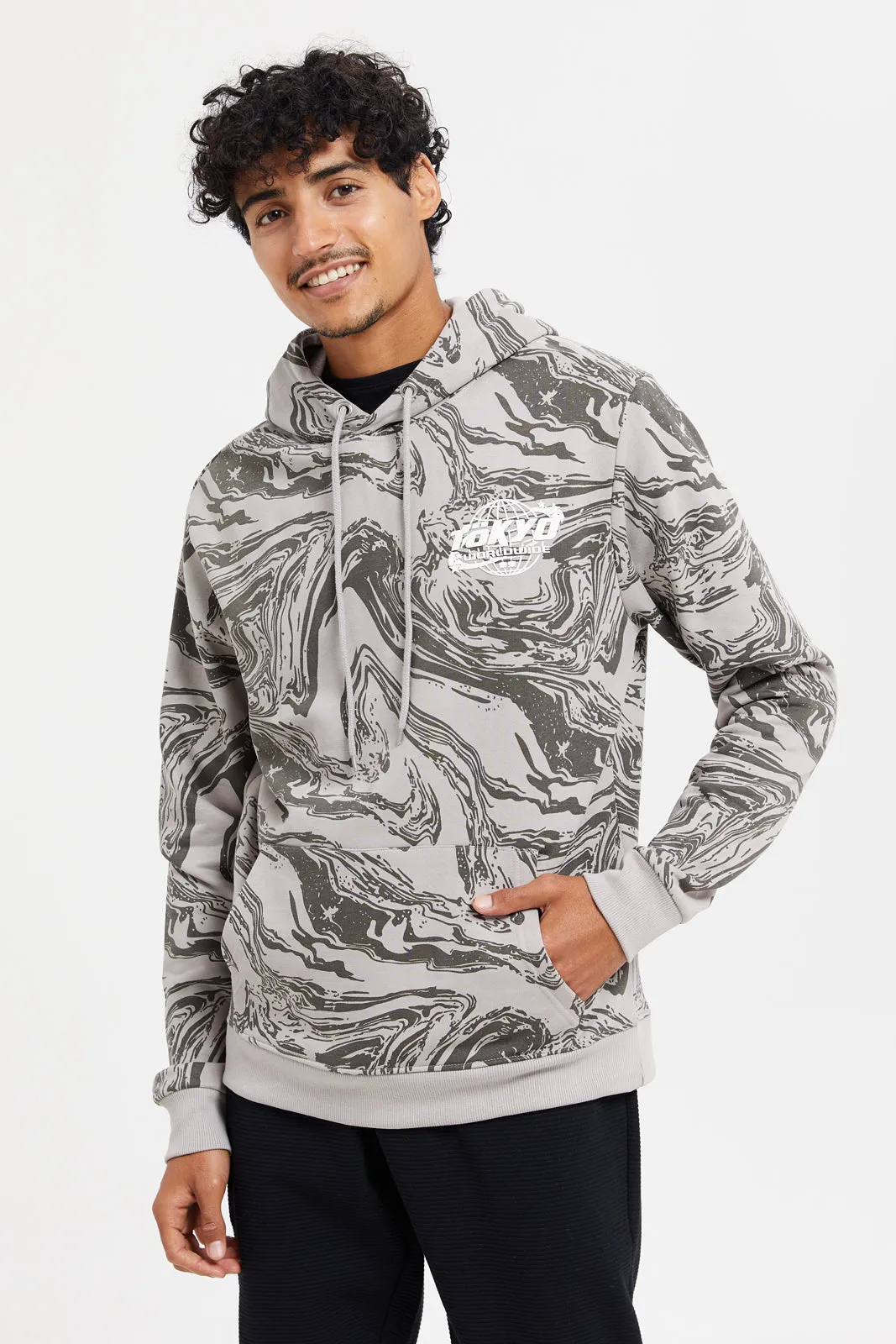 Men Grey Marble Print Hoodie Beige