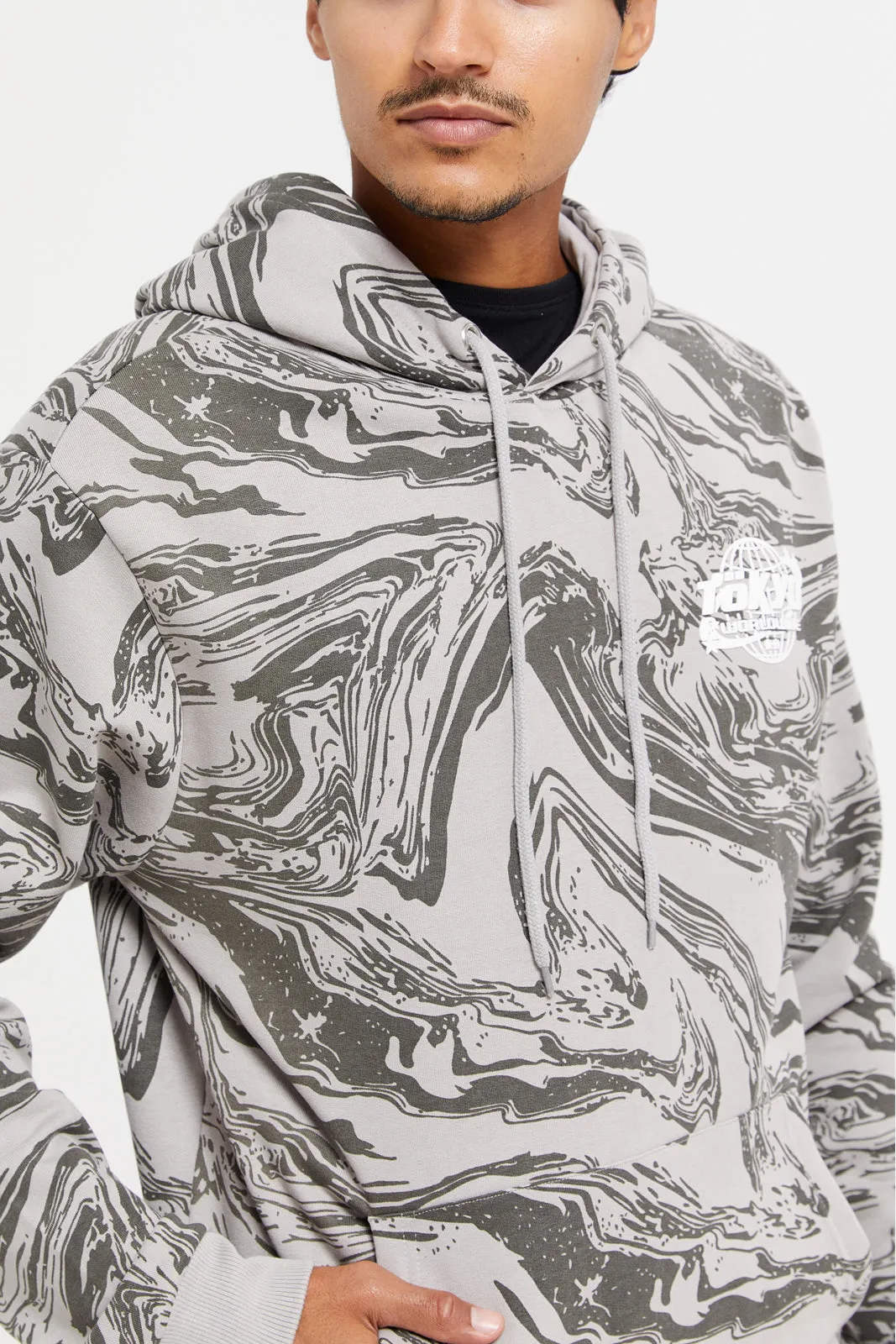 Men Grey Marble Print Hoodie Beige