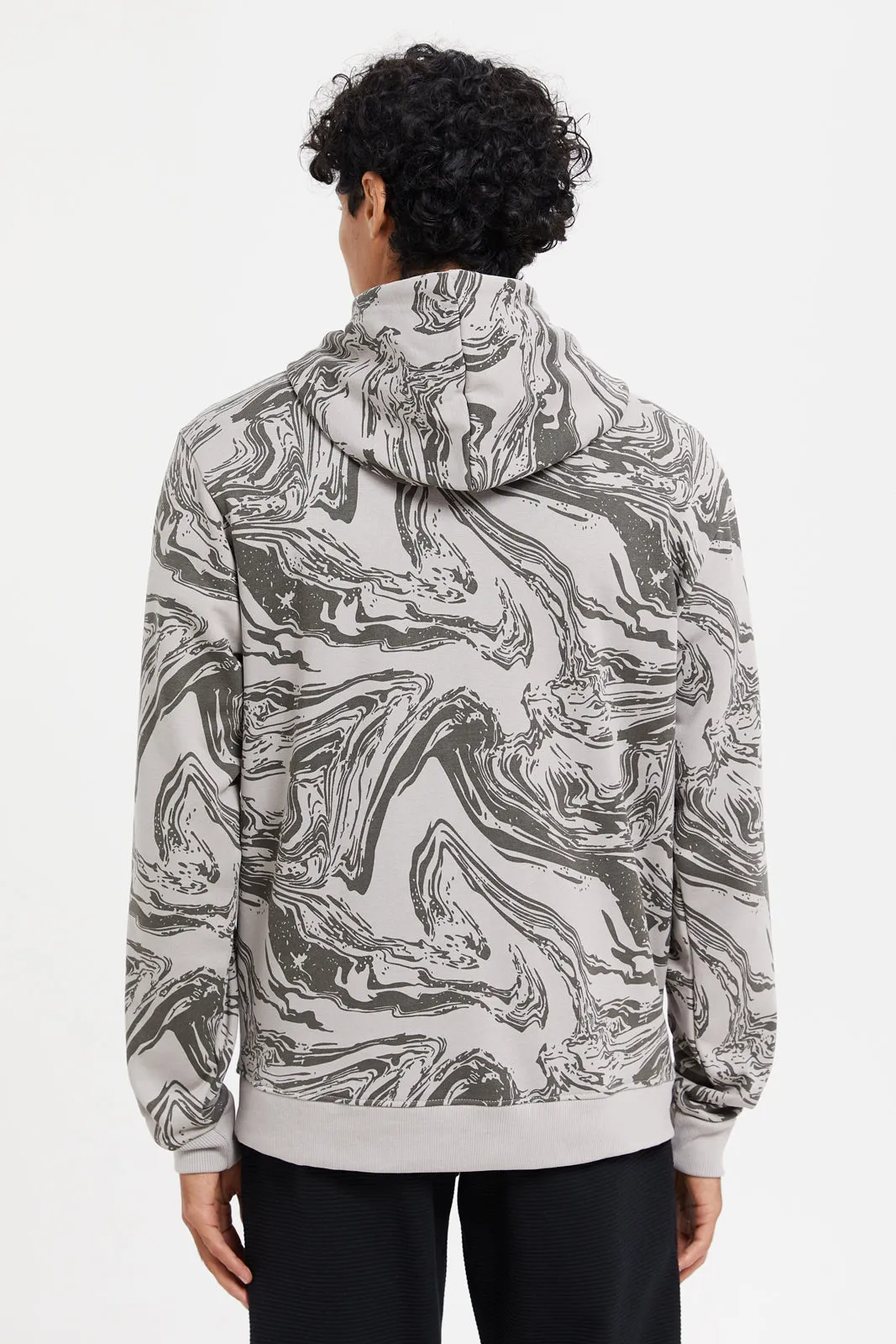 Men Grey Marble Print Hoodie Beige