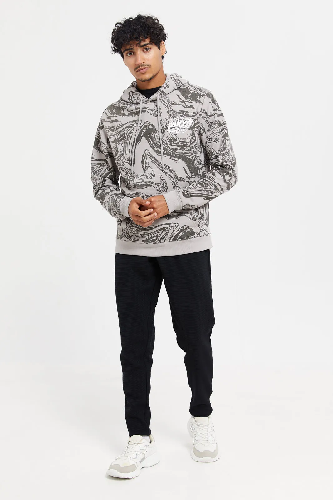 Men Grey Marble Print Hoodie Beige