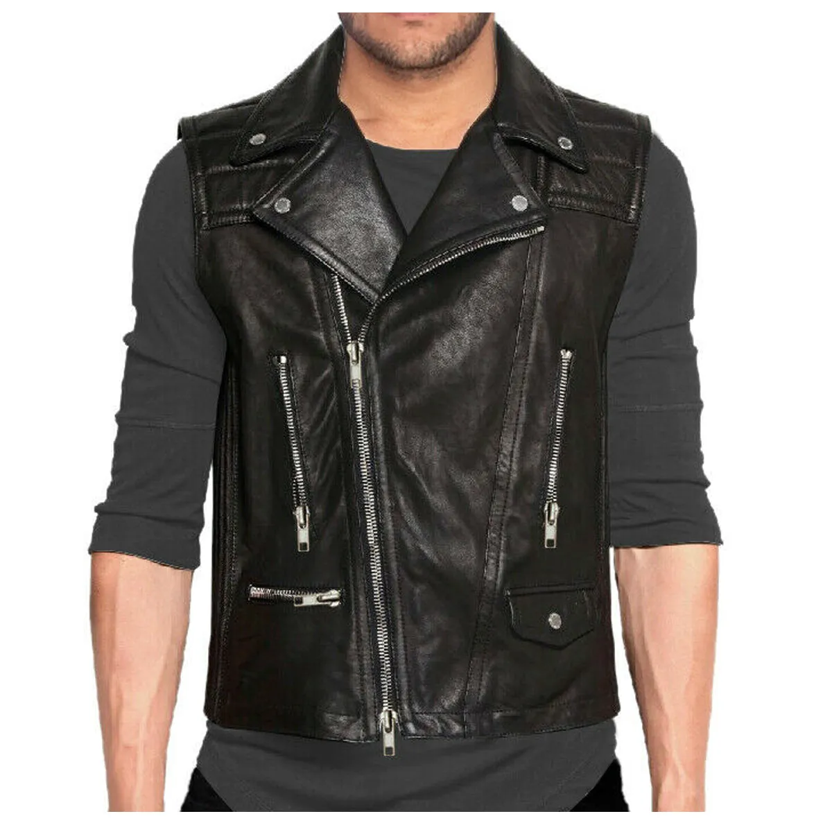 Men Motorcycle Black Leather Vest