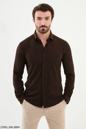 Men's Brown Textured Button-Up Shirt.