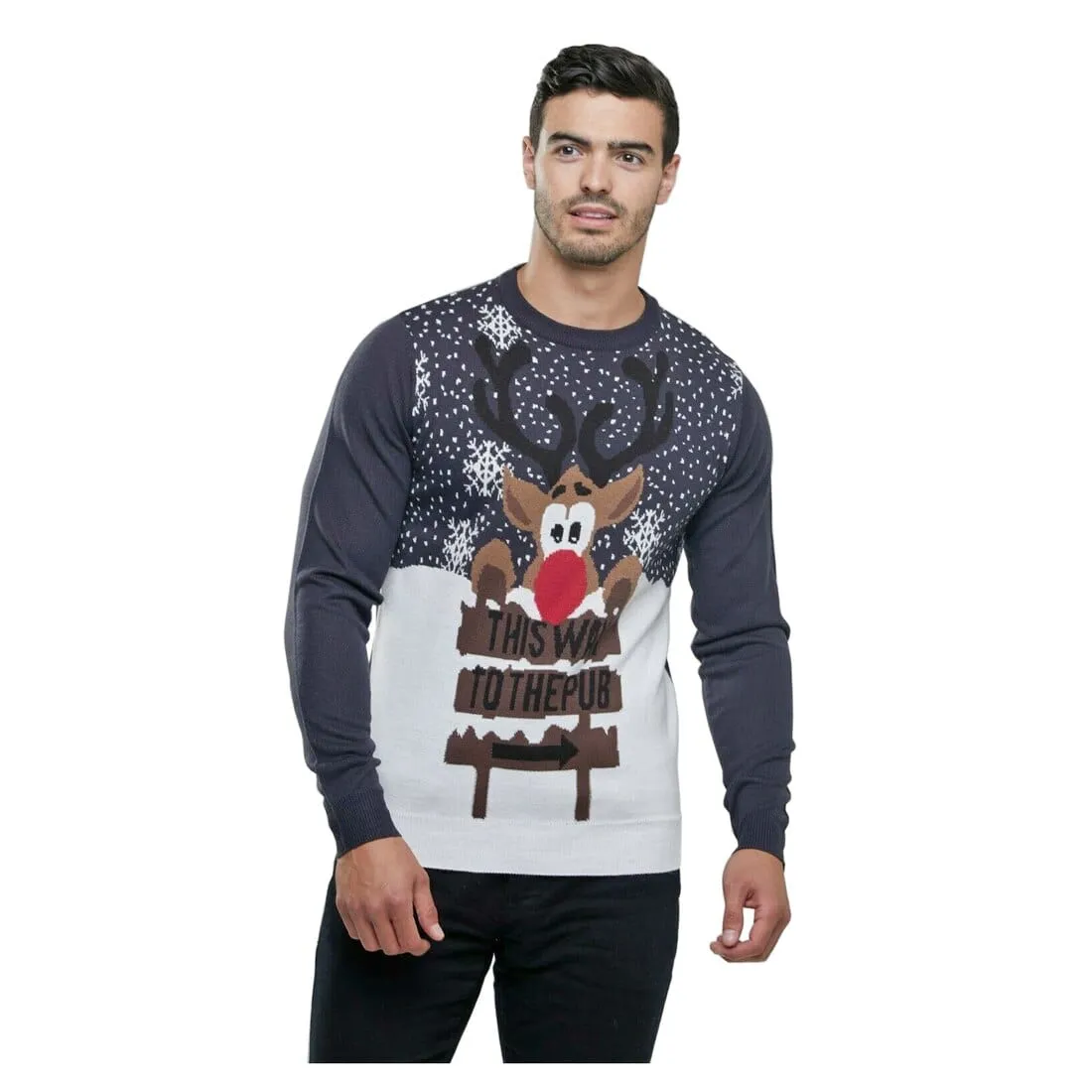 Mens Christmas Jumper Navy This Way To Pub Snowflakes Xmas