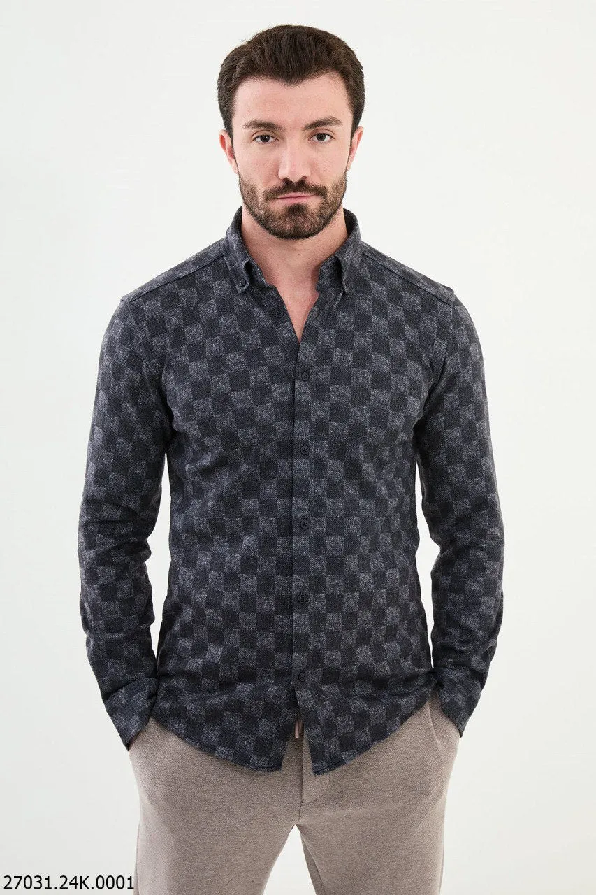 Men's Dark Gray Checkerboard Casual Shirt