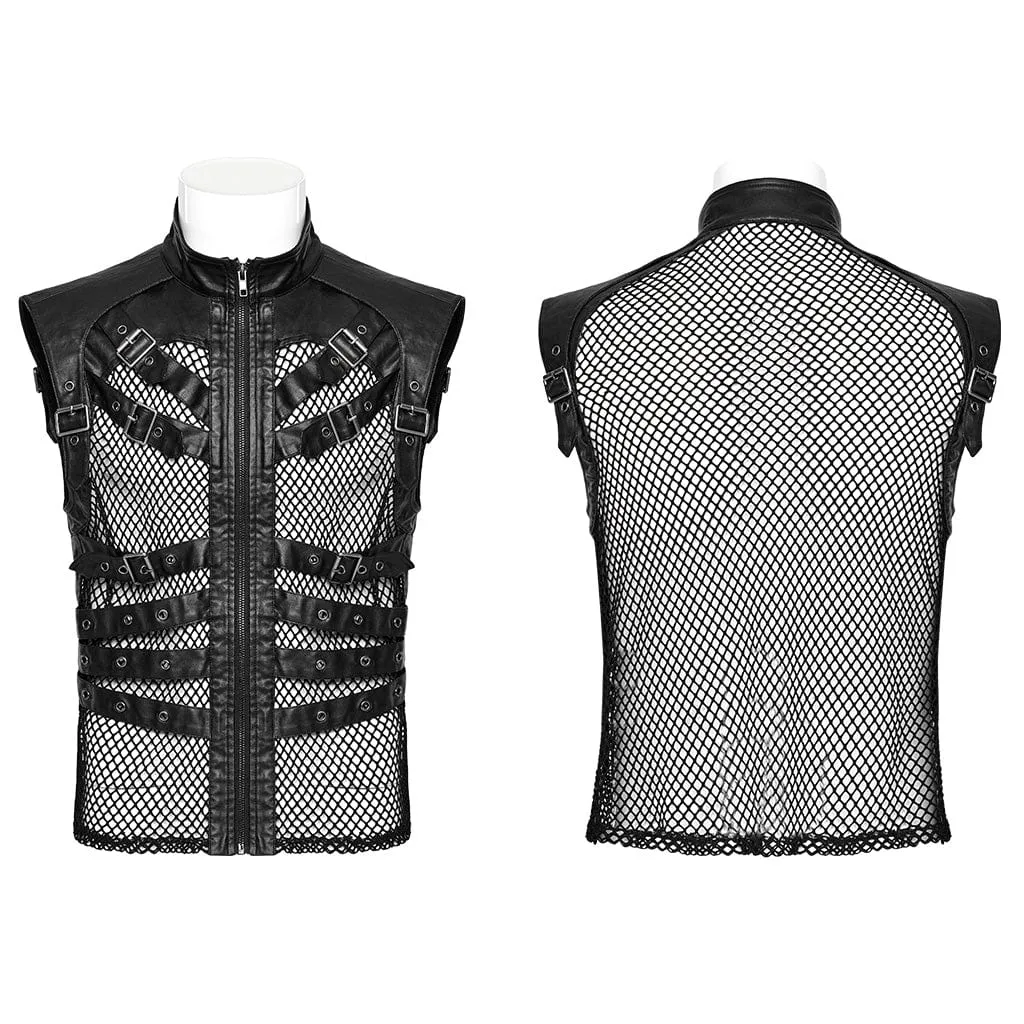 Men's Punk Rock Multi-buckles Mesh Splice Faux Leather Vest