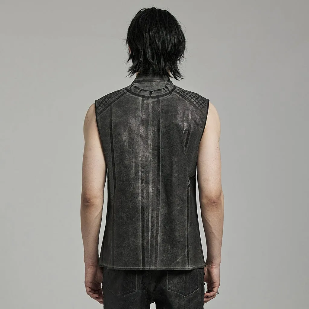 Men's Punk Rock Stand Collar Mesh Splice Black Grey Vest