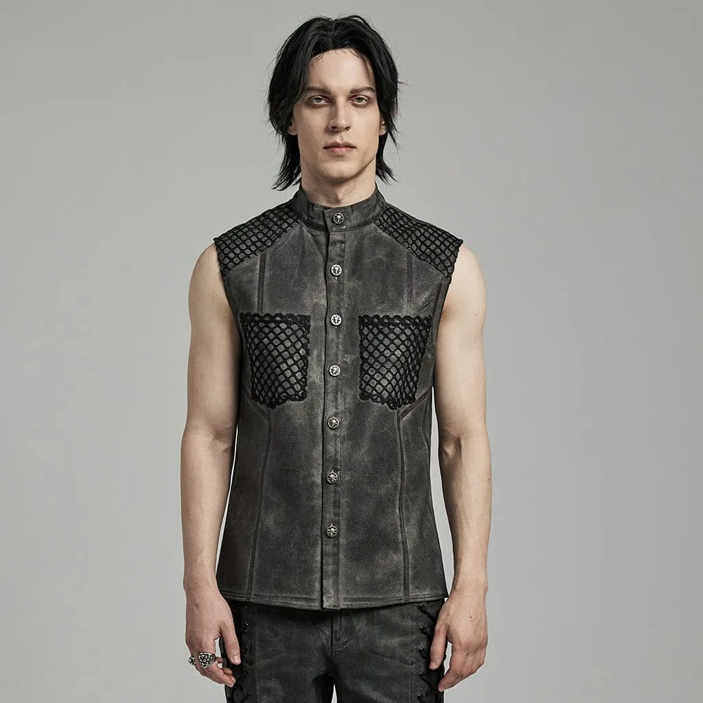 Men's Punk Rock Stand Collar Mesh Splice Black Grey Vest