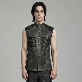 Men's Punk Rock Stand Collar Mesh Splice Black Grey Vest