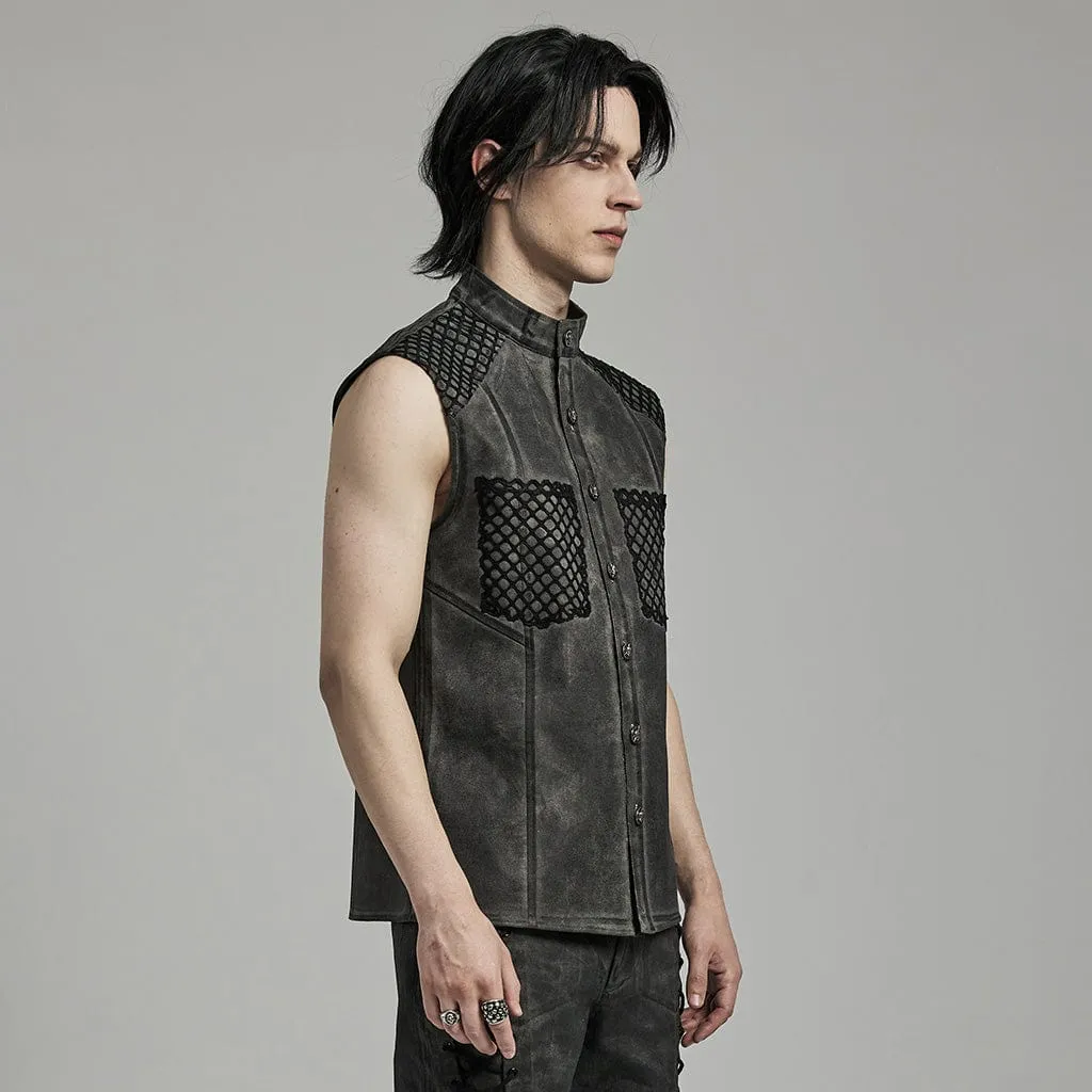 Men's Punk Rock Stand Collar Mesh Splice Black Grey Vest