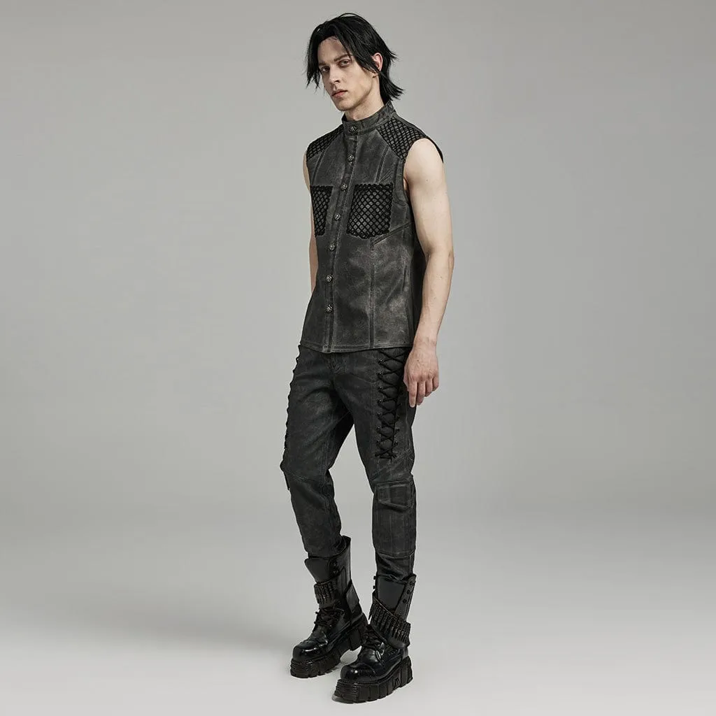 Men's Punk Rock Stand Collar Mesh Splice Black Grey Vest