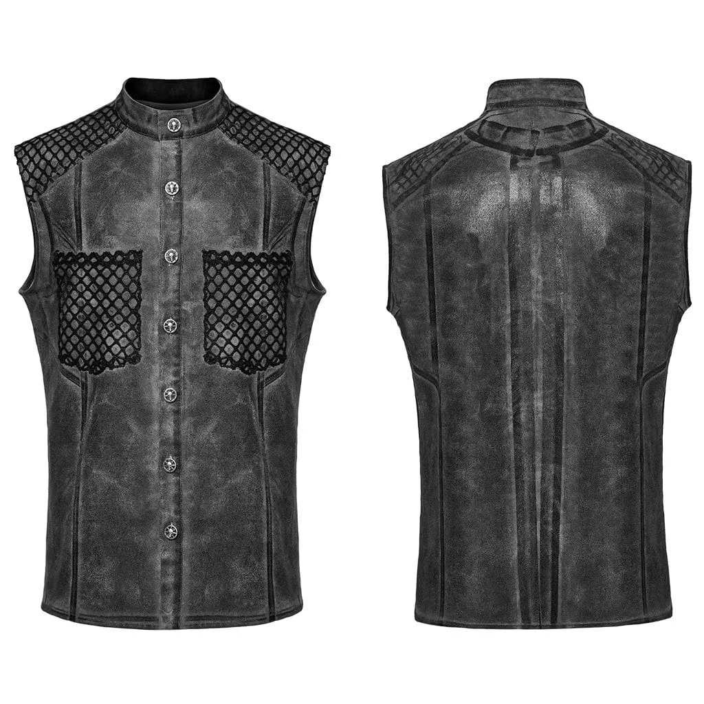 Men's Punk Rock Stand Collar Mesh Splice Black Grey Vest