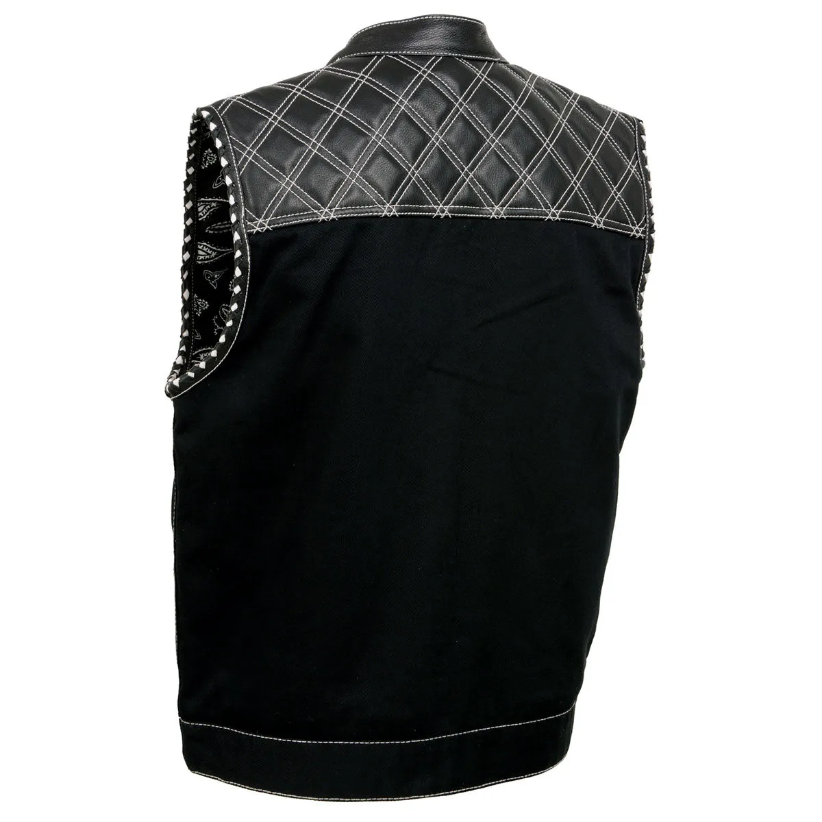 Milwaukee Leather MDM3035 Men's 'Wrecker' Black Denim and Leather Club Style Vest w/ Diamond Quilt Design