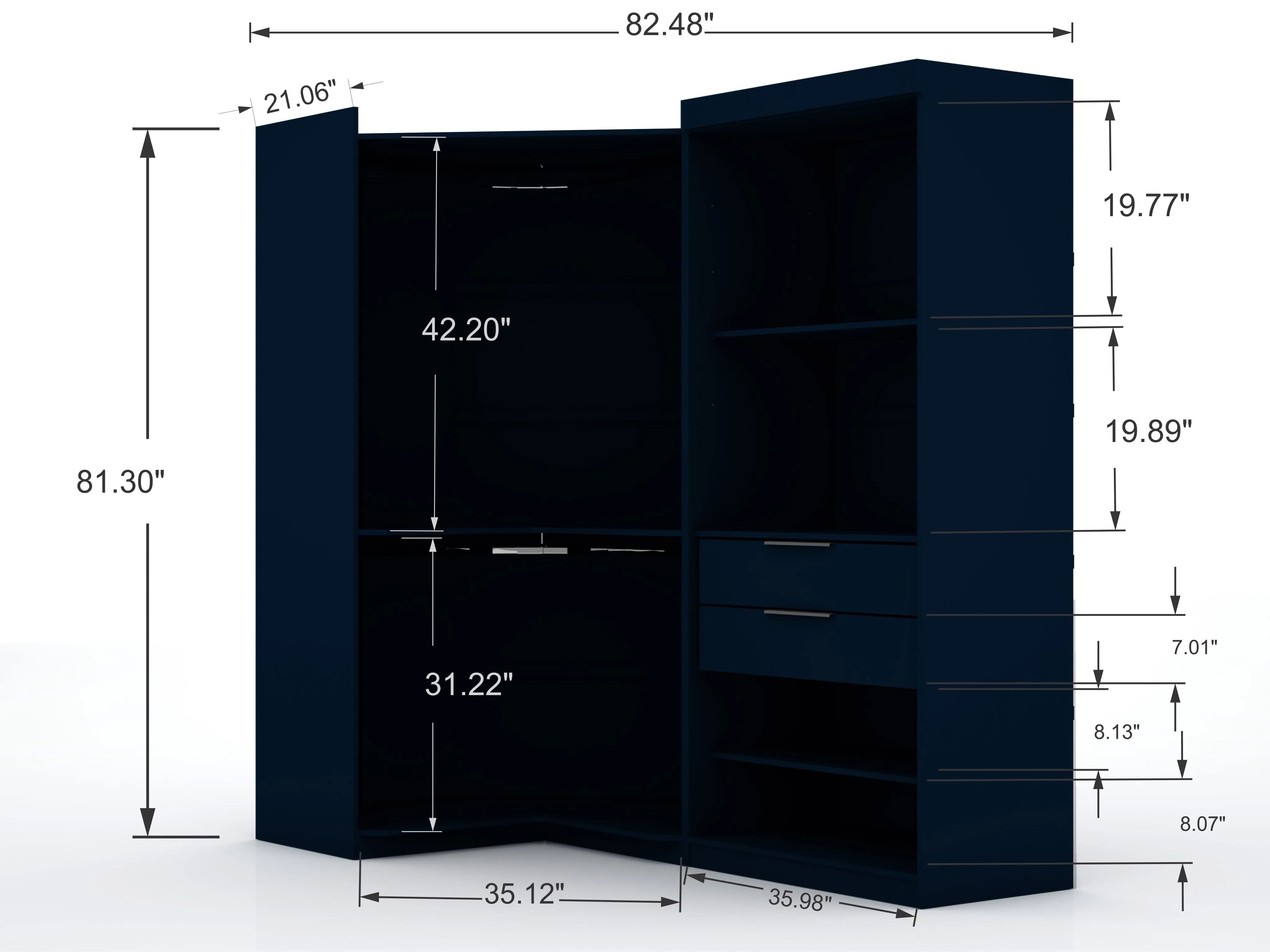 Mulberry 2.0 Semi Open 2 Sectional Modern Wardrobe Corner Closet with 2 Drawers - Set of 2 in Tatiana Midnight Blue