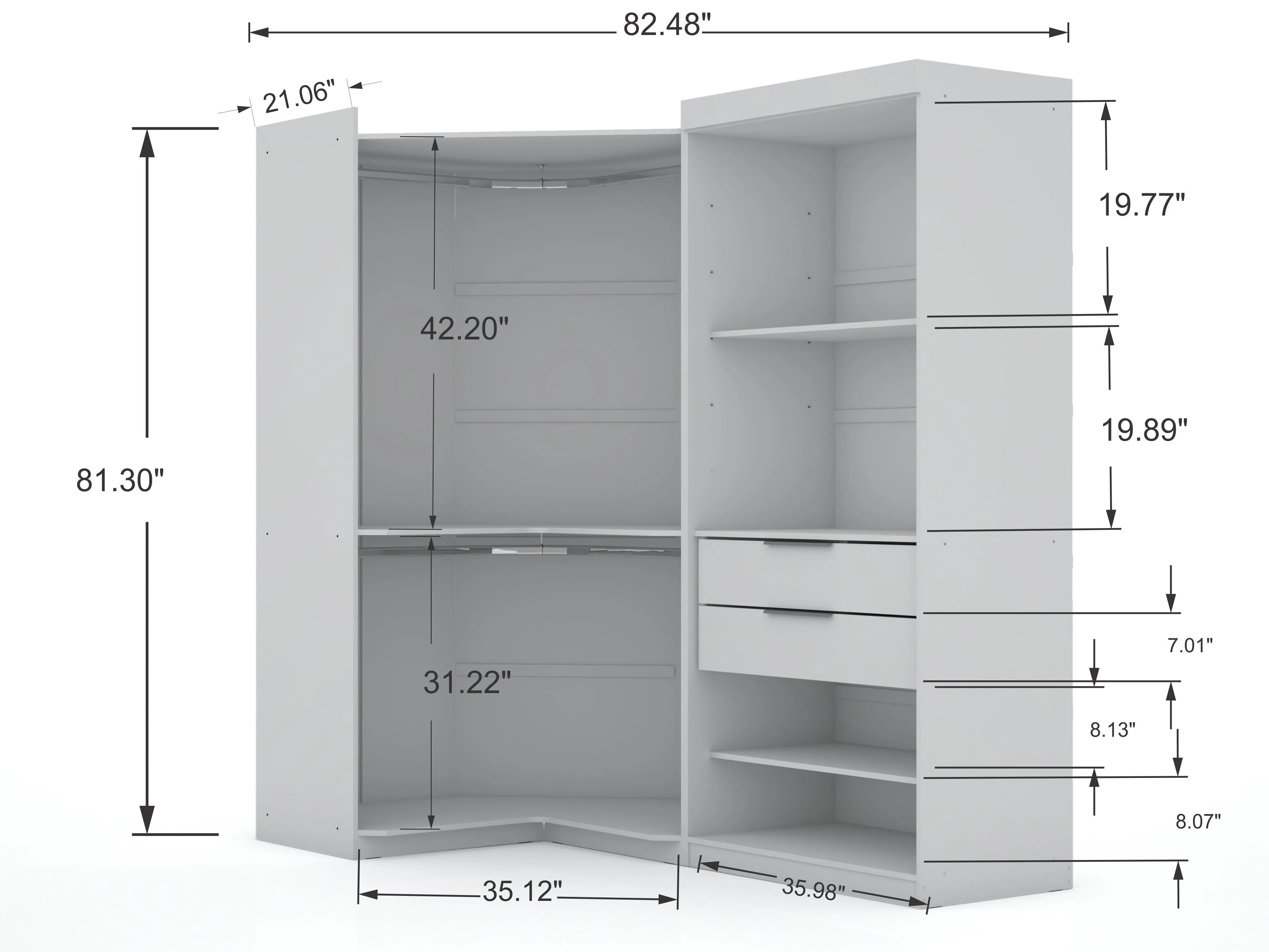 Mulberry 2.0 Semi Open 2 Sectional Modern Wardrobe Corner Closet with 2 Drawers - Set of 2 in White