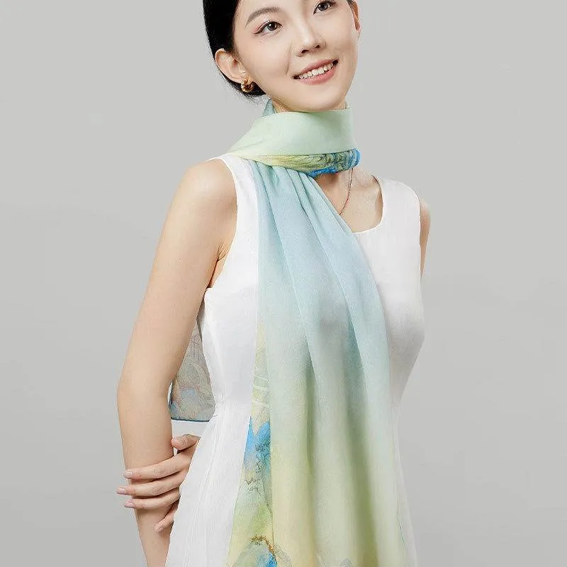 Mulberry Silk Chinese Painting Design Long Scarf 176x52cm