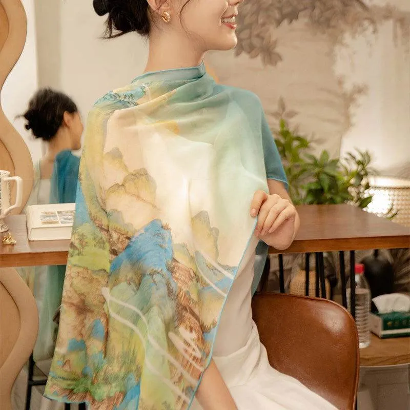 Mulberry Silk Chinese Painting Design Long Scarf 176x52cm