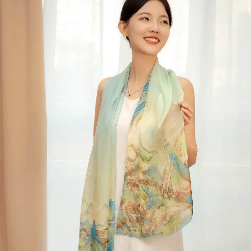 Mulberry Silk Chinese Painting Design Long Scarf 176x52cm