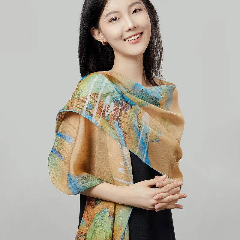 Mulberry Silk Chinese Painting Design Long Scarf 176x52cm