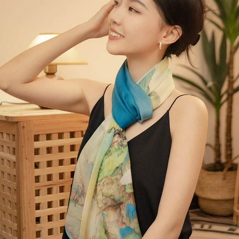 Mulberry Silk Chinese Painting Design Long Scarf 176x52cm