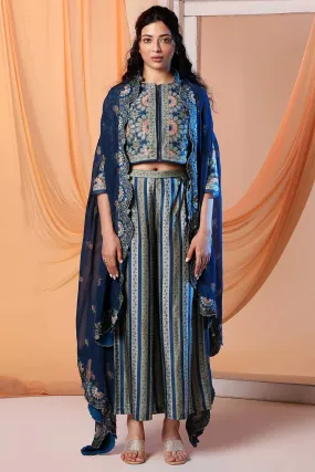 Navy Blue Earaya Printed Co-Ord Set With Cape