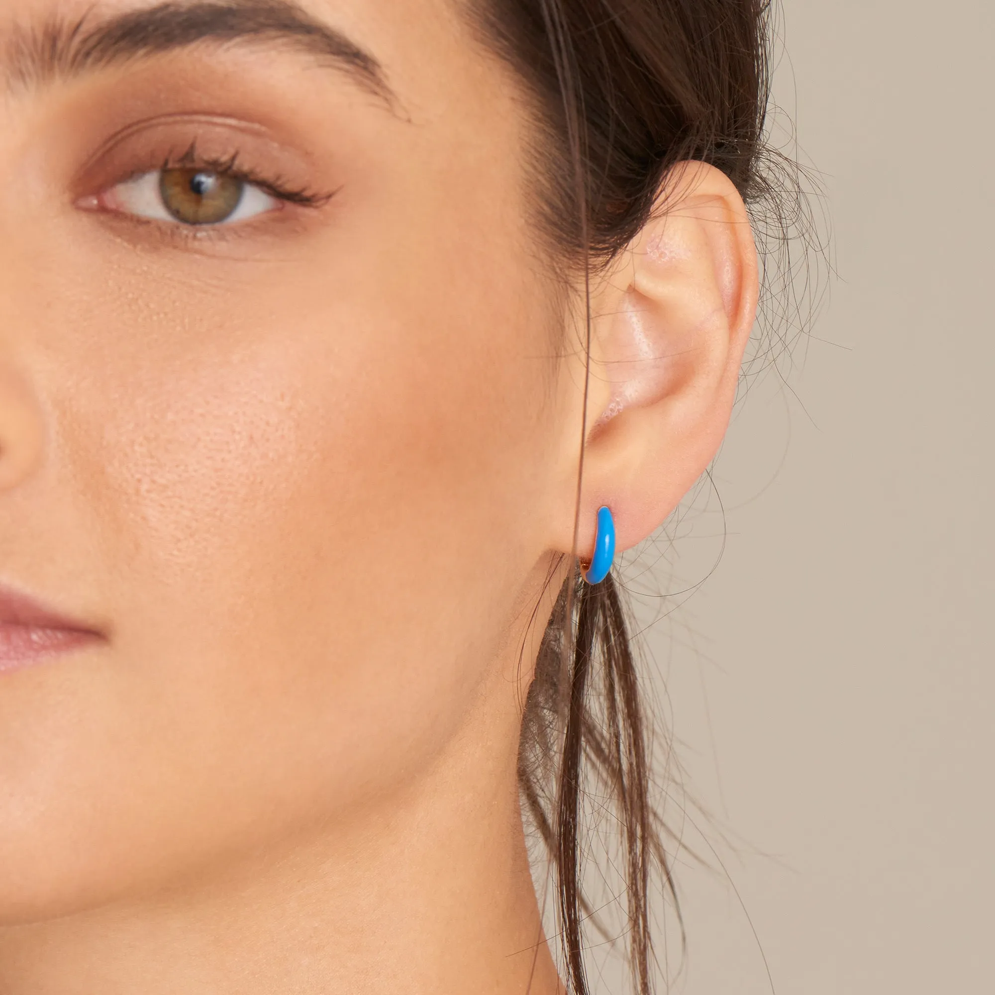 Neon Blue Enamel Gold Sleek Huggie Hoop Earrings